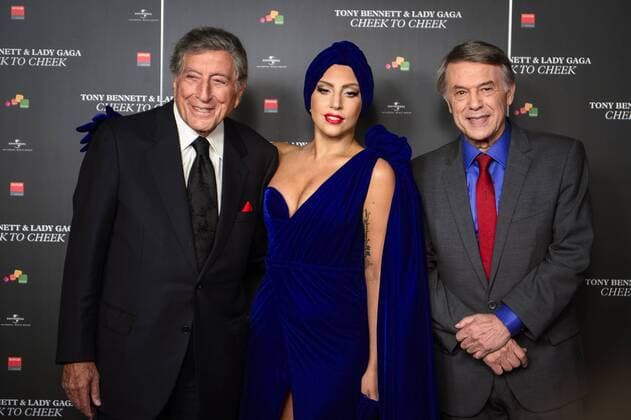 - BRUSSELS, BELGIUM: US singer Tony Bennett, US singer Lady gaga and singer Salvatore Adamo pictured after a press conference with Lady Gaga and Tony Bennett in Brussels city hall regarding the shooting of a video on Brussels Grtand-Place Grote Markt, Monday 22 September 2014.  LAURIExDIEFFEMBACQ premiumd 22833
