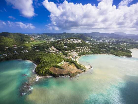 Caribbean, St. Lucia, Choc Bay, aerial photo of Calabash Cove Resort  AMF002663