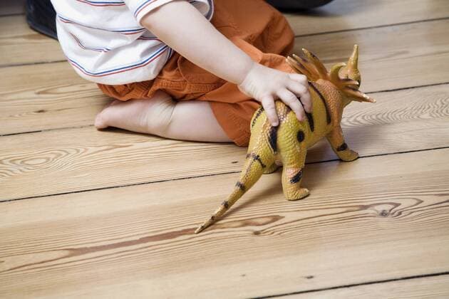 Germany, Berlin, Child playing with toy dinosaur model released property released  WESTF13547