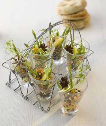 Amuse gueule, lentil salad with asparagus in glass  KSWF000967