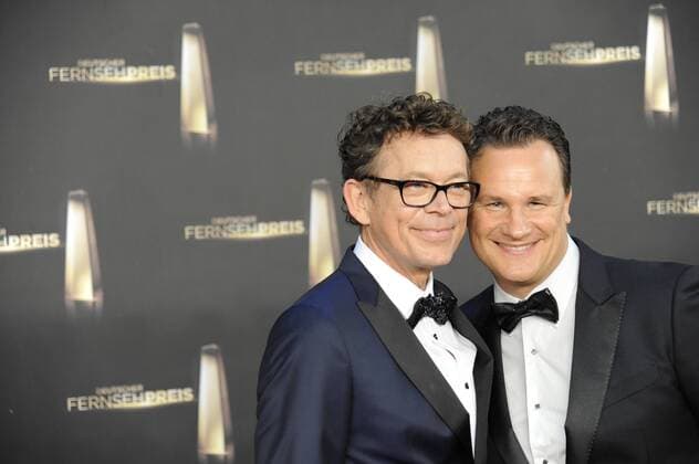 Frank Mutter und Guido Maria Kretschmer kommen am 02.10.2014 zur Verleihung des 16. Deutschen Fernsehpreis in das Coloneum in Köln.