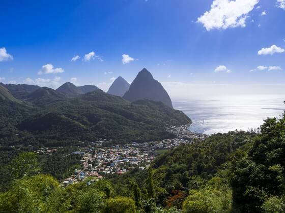 Caribbean, St. Lucia, View on Soufriere with volcanos Gros Piton and Petit Piton  AMF001819