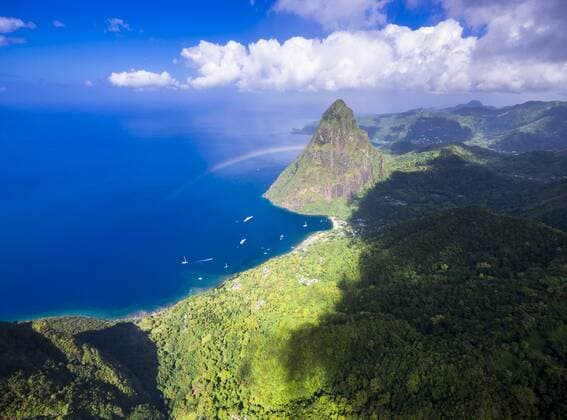 Caribbean, Antilles, Lesser Antilles, Saint Lucia, Pitons Bay, Aerial view to Volcano Petit Piton  AMF002565