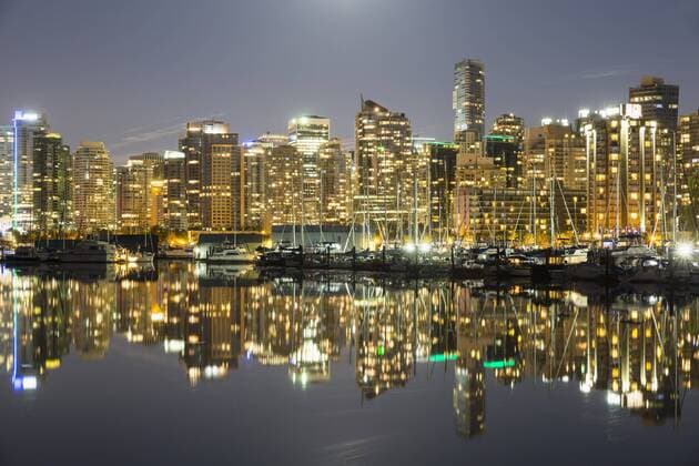 Canada, Vancouver, Marina with ships and skyline at night  FOF005233