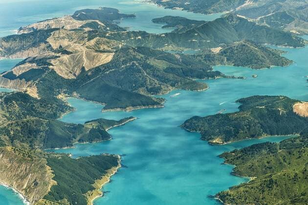 New Zealand, South Island, Marlborough Sounds, aerial photograph of the fjords near Queen Charlotte Sound  SHF001568