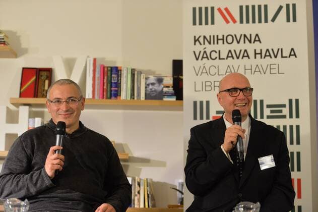 Russian former oil tycoon and later the most famous prisoner Mikhail Khodorkovsky (left) and Chairman of the Board of Directors of the Vaclav Havel Library, journalist, musician, and economic commentator, Jan Machacek are seen during a debate within the the Forum 2000 conference Democracy and Its Discontents, A Quarter-Century After the Iron Curtain and Tiananmen in Prague, Czech Republic, October 13, 2014. Forum 2000 Foundation pursues the legacy of Vaclav Havel by supporting the values of democracy and respect for human rights. (CTKxPhoto MichalxDolezal) CTKPhotoOF201410131483801  DSC_2587
