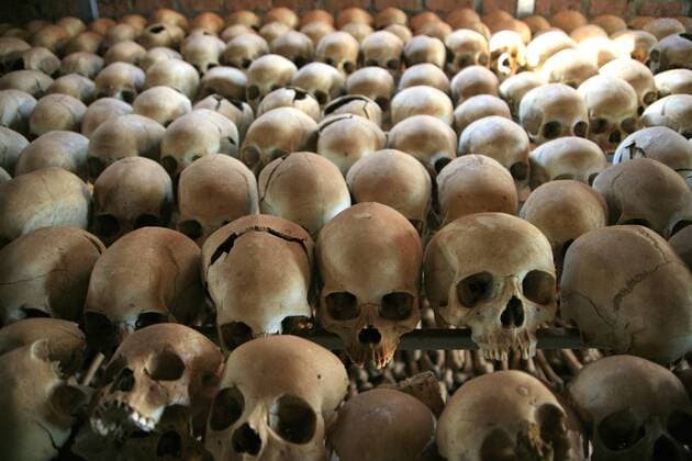 skulls at a genocide memorial church in Rwanda, commemorating the genocide in 1994 where almost one million Rwandans were murdered, Rwanda. 08-31-2008 925_02_MW020991