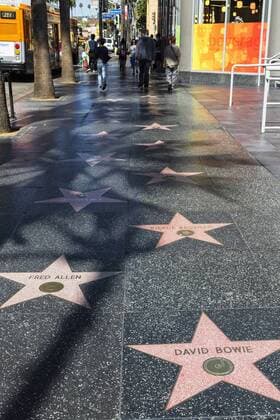 USA, California, Los Angeles, Hollywood, Hollywood Boulevard, Walk of Fame, David Bowie, Fred Allen, Pierce Brosnan  FOF006913