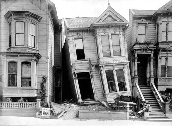 San Francisco, California: 1906. Victorian homes on Howard Street near 17th Avenue that were damaged in the earthquake. 990_16_3-Home-Dam_2HR