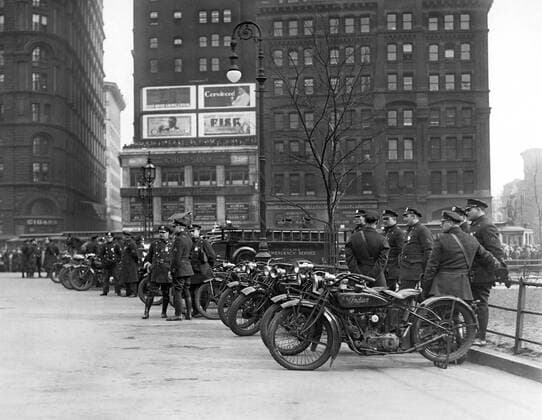 New York, New York: c. 1929 New York City motorcycle police squads on duty at City Hall on Red Thursday when thousands of unemployed took part in a great demonstration. Most of the trouble took place at Union Square. 990_16_9-US-NYC-Pol_3HR