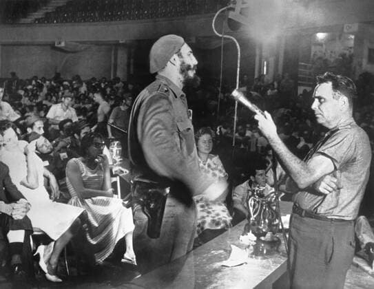 Cuba: October 6, 1962 Fidel Castro conducts a mass interview of the prisoners captured in the unsuccessful Bay of Pigs invasion. The session was televised. 990_16_X-Castro-Fidel_6HR