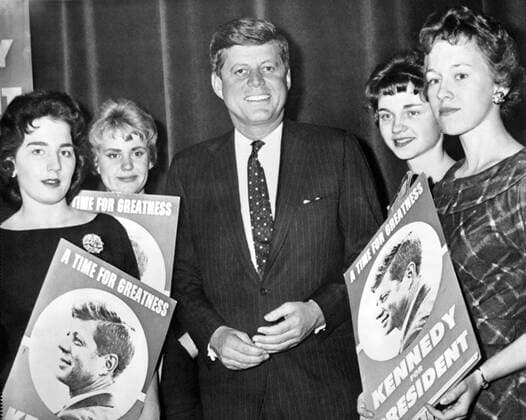 Racine, Wisconsin: March 21, 1960 A group of young Democrats hold Kennedy posters as they greet Senator John F. Kennedy at the Racine convention. 990_16_X-Kennedy-JF-Cam_6HR