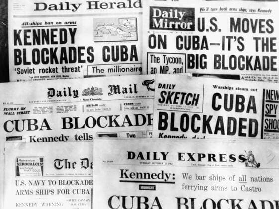 London, England: October 23, 1962 Banner headlines of Britain s daily newspapers on October 23 announcing President Kennedy s blockade of Cuba. 990_16_X-Kennedy-JF-CMC_4HR