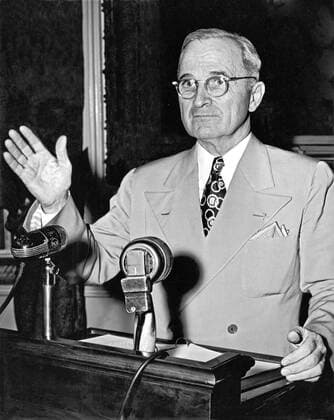 Washington, D.C.: May 24, 1946. Truman concluding a press conference about the ongoing railroad strike, declaring that if the workers were not back on the job the next day, he would call upon the armed forces to help run the railroad and protect the strike breakers. 990_16_X-Truman-Harry_5HR