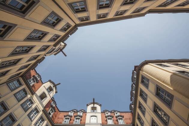 Germany, Saxony, Leipzig, courtyard with neo-baroque facades, extreme worm s eye  ZMF000344