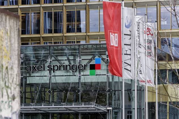 Bild-Fahne vor Springer-Verlag DEU, Deutschland, Berlin, 2012-01-04: Flatternde Fahnen der Tageszeitungen Bild und Welt vor dem Gebaeude des Axel-Springer-Verlags in Berlin-Kreuzberg.