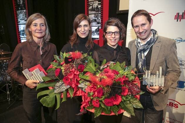 Der Günter Rohrbach Filmpreis wird am Freitag 07.11.2014 zum vierten Mal in der neuen Gebläsehalle in Völklingen verliehen. Im Bild (v.l.): Kamerafrau Judith Kaufmann, Yildiz Özcan, Petra Volpe und Lukas Hobi, die den Preis der Saarland Film GmbH und den Günter Rohrbach Preis 2014 gewinnen konnten.