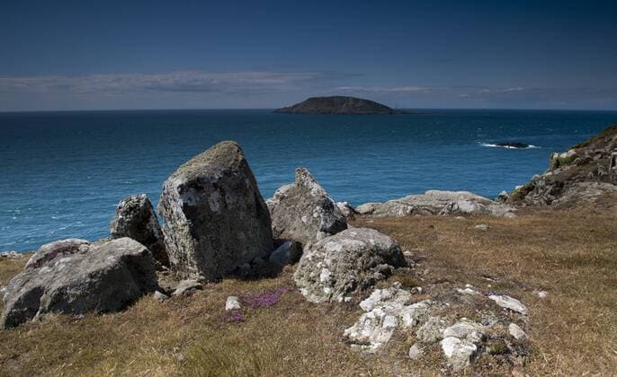 View towards Bardsey Island from the south west tip of the Llyn peninsular. Aberdaron, Wales, June 2011.  1364276 GrahamxxEaton