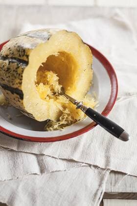 Striped organic spaghetti-squash), baked, with fork, studio  SBDF001460