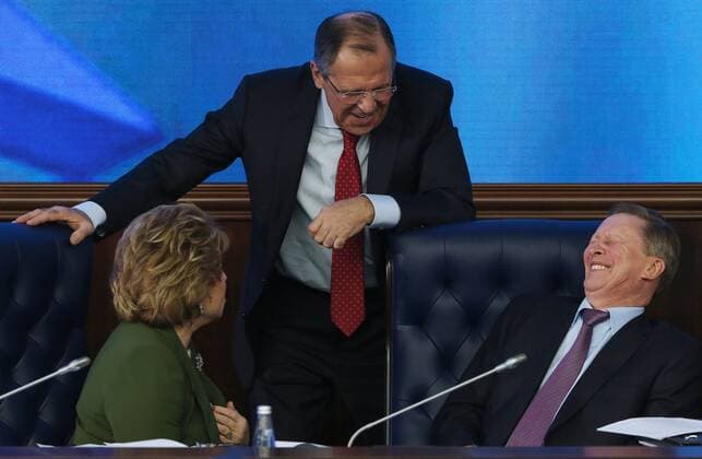 MOSCOW, RUSSIA. DECEMBER 19, 2014. Federation Council chairperson Valentina Matviyenko, Russia s foreign minister Sergei Lavrov and Kremlin s chief of staff Sergei Ivanov (L-R) at a meeting at the National Defense Control Center of the Russian Federation. Ilya Pitalev TASS  RE1582E9