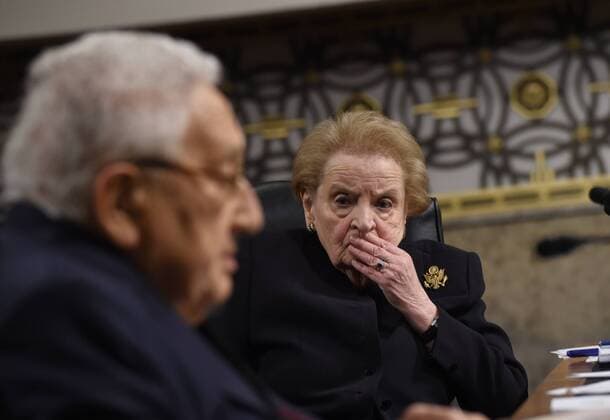 Former Secretary of State Dr. Henry Kissinger testifies as former Secretary of State Madeleine Albright listens, during the Senate Armed Services Committee hearing on global challenges and U.S. national security strategy in Washington DC, January 29, 2015.  WAP20150129816 MOLLYxRILEY