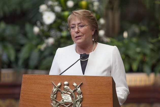 (150130) -- GUATEMALA CITY, Jan. 30, 2015 -- Chile s President Michelle Bachelet delivers a speech during her meeting with Guatemala s President Otto Perez Molina at the National Palace of Culture in Guatemala City, capital of Guatemala, on Jan. 30, 2015. The Chilean President Michelle Bachelet is in Guatemala for a two-day visit to discuss economic, cooperation and regional security issues among others, according to local press information. Luis Echeverria) (jg) GUATEMALA-GUATEMALA CITY-CHILE-POLITICS-VISIT e LuisxEcheverria 