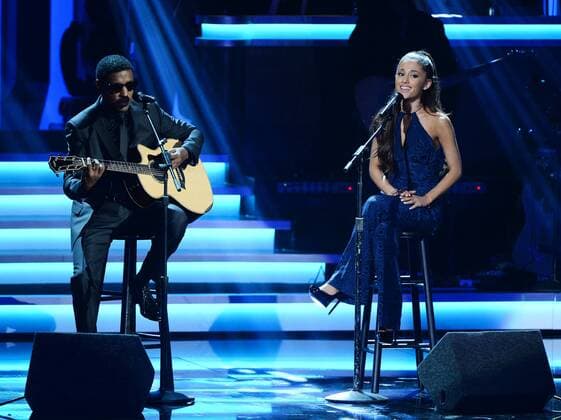 Recording artists Kenneth Babyface Edmonds (L) and Ariana Grande perform onstage during the Stevie Wonder: Songs In The Key Of Life - An All-Star Grammy Salute at Nokia Theatre L.A. Live in Los Angeles on February 10, 2015.  LAP2015021037 JIMxRUYMEN