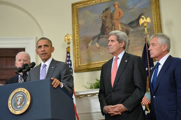 President Barack Obama speaks on requesting Congress to authorize military action against the Islamic State, at the White House in Washington, D.C. on February 11, 2015. Obama was joined by Vice President Joe Biden, Secretary of State John Kerry and Secretary of Defense Chuck Hagel.  WAP20150211336 KEVINxDIETSCH