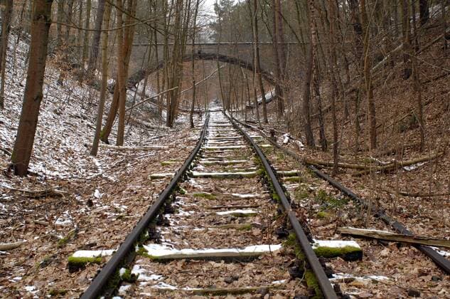 Berlin, Deutschland, 07.02.2015 - Relikte der Friedhofsbahn (Stahnsdorfer Bahn) im Abschnitt zwischen Wannsee und Dreilinden, stillgelegt seit 1961 - Gleisreste im Düppeler Forst an der Steinbogenbrücke des Königswegs
