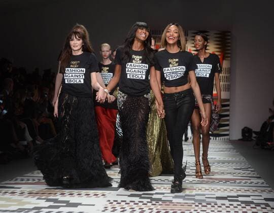 British models Pearl Lowe, Naomi Campbell and Jourdan Dunn at Fashion For Relief catwalk show in London on February 19, 2015.  LON20150219138 RUNExHELLESTAD