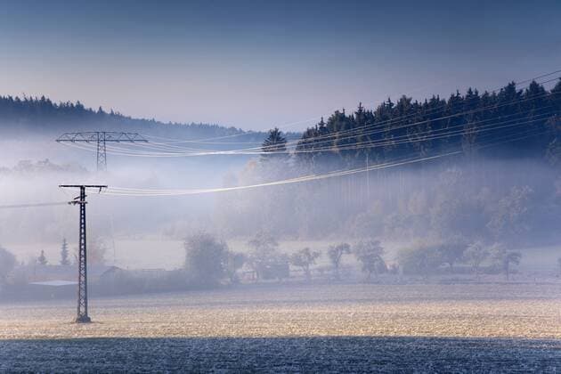 Fruehnebel im Herbst ueber einem Feld mit Strommast, Deutschland, Sachsen, Vogtlaendische Schweiz morning mist over field landscape with power pole, Germany, Saxony, Vogtlaendische Schweiz BLWS239225