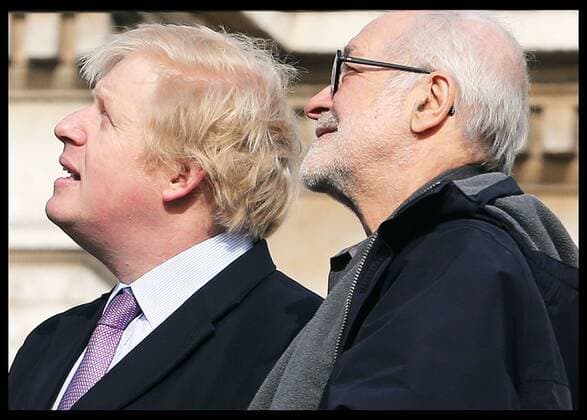 . 05 03 2015. London, United Kingdom. Mayor of London Boris Johnson and the artist Hans Haacke look up at the new fourth plinth entitled Gift Horse in Trafalgar Square, London.  xStephenxLockx xi-Imagesx IIM-9708-0033