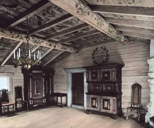 Schweden Innenraum im Museum Skansen in Stockholm in Schweden. Europe, Sweden, Sverige, Scandinavia, travel, 1910s, 1920s, 20th century, archive, Carl Simon, history, historical, exquisit collection , hand coloured glass slide, interior, wood, wooden, cupboard, chair, furniture UnitedArchives00685865