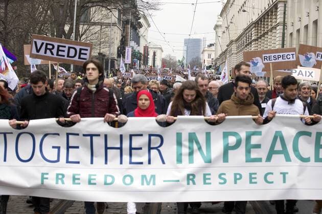 - BRUSSELS, BELGIUM: Illustration picture shows a march against recent acts of terror, Sunday 15 March 2015, in Brussels. Theme of the march is Together in peace - Liberty and respect .  NICOLASxMAETERLINCK 04587637