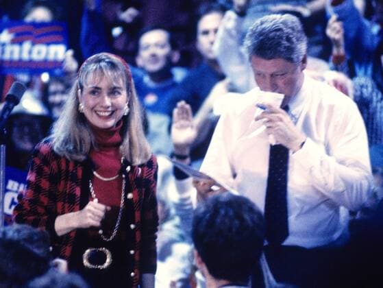 Feb. 16, 1992 - Nashua, New Hampshire, United States of America - Governor Bill Clinton (Democrat of Arkansas), right, and his wife, Hillary Rodham Clinton, left, at a campaign rally at Fairgrounds Junior High School in Nashua, New Hampshire on February 16, 1992. The Clintons were campaigning in advance of New Hampshire s First in the Nation presidential primary..Credit: Ron Sachs CNP Nashua United States of America - ZUMAs152
