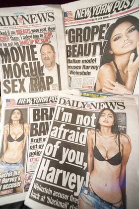 New York tabloids cover Weinstein scandal The front pages of several days of the NY Daily News and NY Post are concerned with accusations of groping by Italian model Ambra Battilana against movie mogul harvey Weinstein, seen on Wednesday, April 1, 2015. (  RICHARDxB.xLEVINE