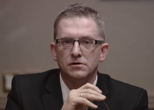 April 10, 2015 - Dublin, Ireland - Grzegorz Braun, an independent candidate in next month s Polish presidential election, during a debate with Marian Kowalski, Ruch Narodowy s candidate, at Jurys Inn Hotel, as the original venue Academy Plaza Hotel need to be cancelled due to the Irish anti-racism and anti-fascist group. Dublin, Ireland, on April 10, 2015. Dublin Ireland  - ZUMAn230