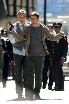 April 11, 2015 - New York, NY, USA - April 11, 2015 New York City..George Clooney and Jack O Connell on the film set of Money Monster in the Financial District of Manhattan on April 11, 2015 in New York City New York USA  - ZUMAny1_