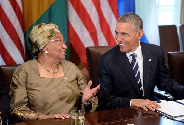 President Barack Obamal speaks with Liberian President Ellen Johnson Sirleaf during a meeting in the Cabinet Room of the White House April 15, 2015 in Washington, D.C. President Obama spoke with African leaders to discuss the progress made in the international Ebola response to-date. Pool photo by Olivier Douliery  WAX20150415207 OLIVIERxDOULIERY