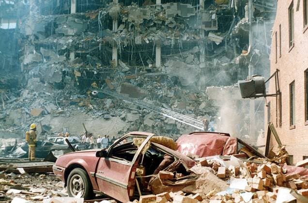File - On April 19, 1995, a truck-bomb explosion outside the Alfred P. Murrah Federal Building in Oklahoma City, Oklahoma, left 168 people dead and hundreds more injured. The blast was set off by anti-government militant Timothy McVeigh, who in 2001 was executed for his crimes. His co-conspirator Terry Nichols received life in prison. Pictured - Apr 19, 1995 - Oklahoma City, Oklahoma, U.S - Oklahoma City Bombing rescue efforts at the Murrah Federal Building after explosion. Oklahoma City U.S. - ZUMAw17_