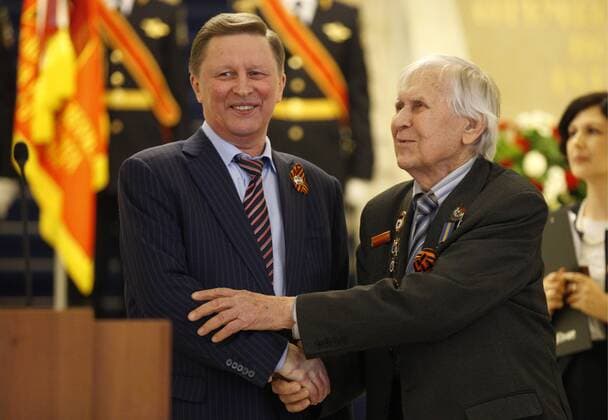 MOSCOW, RUSSIA. APRIL 24, 2015. Kremlin s chief of staff Sergei Ivanov (L) attends an exhibiton entitled Victory at the State Historical Museum. The exhibition marks the 70th anniversary of the Victory in World War II. Mikhail Japaridze TASS  TS00109D