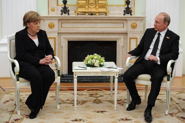 MOSCOW, RUSSIA. MAY 10, 2015. Germany s Chancellor Angela Merkel (L) and Russia s Preisident Vladimir Putin hold a bilateral meeting at the Moscow Kremlin. Mikhail Klimentyev Russian presidential press service TASS  TS002279