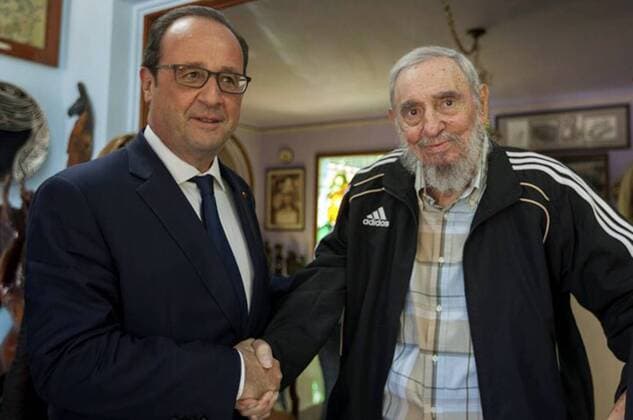 (150512) -- HAVANA, -- Image provided by Estudios Revolucion shows Fidel Castro (R), leader of the Cuban Revolution, meeting with French President Francois Hollande, in Havana, Cuba, on May 11, 2015. Visiting French President Francois Hollande and Cuban leader Raul Castro on Monday discussed ways to strengthen political and economic ties between their countries. Estudios Revolucion ) (rtg) (lrz) CUBA-HAVANA-FRANCE-POLITICS-CASTRO CUBADEBATE 
