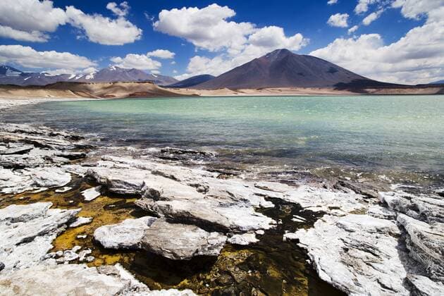 Mineral deposits and warm water of volcanic origin on shore of Laguna Verde. A saline lake in the Altiplano at about 4000m altitude, Chile, Norte Grande  JamixTarris (25868)