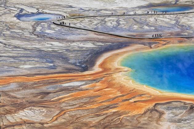 USA, Yellowstone National Park, Lower Geyser Basin, Midway Geyser Basin, Grand Prismatic Spring, elevated view  FOF008065