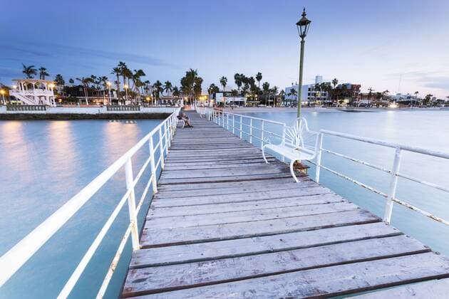 Mexico, Baja California Sur, La Paz, wooden boardwalk at blue hour  FPF000047