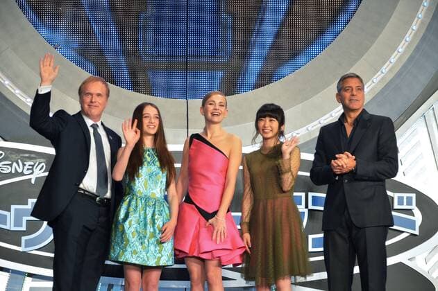 (L-R)Director Brad Bird, actress Raffey Cassidy, actress Britt Robertson, Japanese actress Mirai Shida and actor George Clooney attend a Japan premiere for the film Tomorrowland in Tokyo, Japan on May 25, 2015.  TKP2015052515 KEIZOxMORI