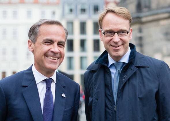 Kanada, Mark Carney wird neuer Premierminister, Archivbilder Treffen der G7-Finanzminister und Notenbank-Gouverneure Jens Weidmann Praesident der Deutschen Bundesbank begruesst den den Präsident der Bank of England Mark Carney vor der Frauenkirche in Dresden. Treffen der G7-Finanzminister und Notenbank-Gouverneure in der Elbestadt. Dabei wird neben Bundesfinanzminister Wolfgang Schäuble und Sachsens Ministerpräsident Stanislaw Tillich (beide CDU) auch der britische Schatzkanzler George Osborne zu seinen Kollegen aus den sieben führenden Industrienationen sprechen.
