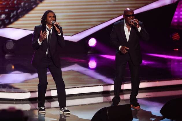Saenger Fabrice Morvan und Saenger John Davis (Milli Vanilli) - ZDF Live Show Willkommen bei Carmen Nebel aus der Getec Arena in Magdeburg - Fotografiert am 16.05.2015