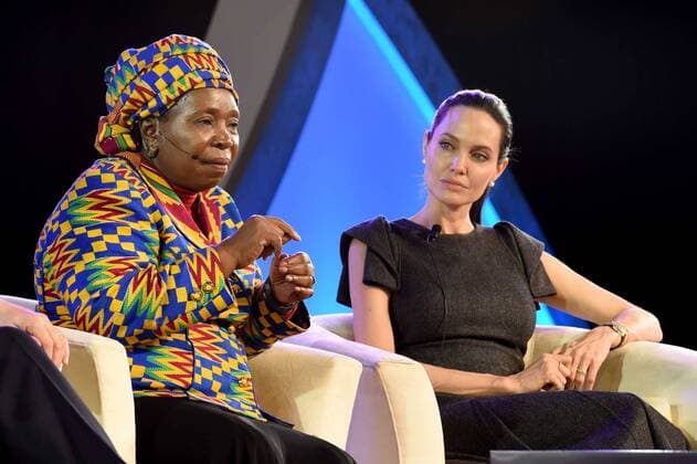 (150612) -- JOHANNESBURG, June 12, 2015 -- Hollywood actress Angelina Jolie (R) speaks with African Union (AU) Commission Chairwoman Nkosazana Dlamini-Zuma at a panel discussion during the 25th AU Summit in Johannesburg, South Africa, on June 12, 2015. Hollywood actress Angelina Jolie, acting in her capacity as the United Nations envoy on refugee issues, on Friday called for an end to violence against women. DIRCO ) SOUTH AFRICA-JOHANNESBURG-AU-ANGELINA JOLIE-VIOLENCE-WOMEN JacolinexSchoonees 